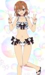  1girl :d ;d animal_print asymmetrical_bangs bare_shoulders bear_print bikini black_bow black_ribbon black_sandals black_shoes bow bow_bikini bracelet breasts brown_eyes brown_hair bubble caro-xy collarbone commentary double_w english_commentary flower flower_hairclip foot_out_of_frame frilled_bikini frills hair_between_eyes hair_ornament highres jewelry looking_at_viewer medium_hair misaka_mikoto multicolored_bikini navel one_eye_closed open_mouth panda_print print_bikini ribbon sandals shoes small_breasts smile solo standing star_(symbol) star_symbol_background stomach string string_bikini swimsuit teeth thigh_gap toaru_kagaku_no_railgun toaru_majutsu_no_index two-tone_bikini w white_background white_bikini white_flower 