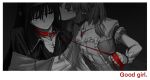  2girls akemi_homura akemi_homura_(magical_girl) avanes_d black_background black_collar black_hair blush chest_jewel closed_eyes closed_mouth collar collarbone dress english_text frilled_dress frills gem gloves good_girl_(phrase) grey_hair grey_theme highres holding holding_leash kaname_madoka kaname_madoka_(magical_girl) kiss leash long_hair looking_to_the_side magical_girl mahou_shoujo_madoka_magica mahou_shoujo_madoka_magica_(anime) multiple_girls pink_gem puffy_short_sleeves puffy_sleeves purple_eyes red_collar short_hair short_sleeves sidelocks simple_background soul_gem_(madoka_magica) upper_body vietnamese_commentary white_gloves white_sleeves yuri 