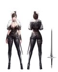  1girl arm_guards arms_at_sides ass back_peek belt belt_buckle belt_pouch black_choker black_pants black_shoes black_shrug breasts brown_belt brown_hair brown_leotard buckle chain chain_necklace choker cleavage closed_mouth concept_art cross cross_necklace dark_avenger_3 dongho_kang earrings eyelashes fantasy feather_capelet feather_hair_ornament feathers from_behind full_body full_cleavage green_eyes hair_ornament high_heels high_ponytail highres jewelry large_breasts leg_armor leotard light_smile lips looking_at_viewer multiple_views necklace nose pants ponytail pouch reference_sheet scabbard sheath sheathed shoes short_hair short_ponytail short_sleeves shrug_(clothing) simple_background single_earring standing sword thigh_belt thigh_pouch thigh_strap third-party_source turnaround weapon white_background white_feathers 