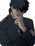 1boy absurdres black_eyes commentary_request cross cross_necklace evil_grin evil_smile fate/stay_night fate_(series) fingernails forked_eyebrows grin hand_on_own_arm highres jewelry kotomine_kirei long_sleeves male_focus necklace okonon_(kado_colda) short_hair simple_background smile solo upper_body white_background 