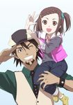  1girl bad_id bad_pixiv_id braid brown_eyes brown_hair cabbie_hat ekra facial_hair father_and_daughter hair_ornament hairclip hat kaburagi_kaede kaburagi_t_kotetsu necktie one_eye_closed one_side_up salute short_hair stubble tiger_&amp;_bunny v vest waistcoat watch wristwatch 