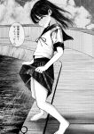  1girl absurdres barefoot clothes_lift commentary_request day from_side full_body greyscale highres lifting_own_clothes long_hair looking_at_viewer looking_to_the_side monochrome neck_ribbon original outdoors pee peeing pleated_skirt public_urination ribbon sailor_collar school_uniform serafuku shirt short_sleeves sideways_glance skirt skirt_lift small_sweatdrop solo speech_bubble standing straight_hair translation_request uuuuuummmmiiii water 