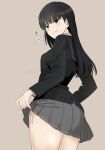  1girl amagami ayatsuji_tsukasa black_eyes black_hair black_jacket black_sailor_collar blazer blunt_bangs blush closed_mouth clothes_lift commentary_request from_behind grey_background grey_skirt gyuunyuu_pack_(tanaka) jacket kibito_high_school_uniform lifting_own_clothes long_hair long_sleeves looking_at_viewer looking_back miniskirt panties pleated_skirt sailor_collar school_uniform side-tie_panties side-tie_peek simple_background skirt skirt_lift solo straight_hair string_panties thighs translation_request underwear white_panties winter_uniform 