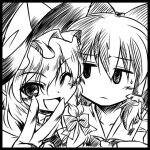  2000s_(style) 2girls :d blush bow braid circle_cut closed_mouth commentary_request elehime frilled_hair_tubes frills frown greyscale hair_bow hair_tubes hakurei_reimu kirisame_marisa looking_at_another looking_at_viewer lowres monochrome multiple_girls one_eye_closed open_mouth short_hair side_braid single_braid smile touhou upper_body v 