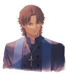  1boy absurdres brown_eyes brown_hair closed_mouth commentary_request cropped_torso cross cross_necklace expressionless fate/grand_order fate_(series) forked_eyebrows grigori_rasputin_(fate) highres jewelry kotomine_kirei male_focus mature_male necklace okonon_(kado_colda) priest simple_background solo white_background 