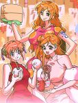  3girls a_dong1987 bamboo_steamer banknote bare_shoulders bleach blue_eyes braid breasts brown_eyes chinese_clothes closed_mouth color_connection commentary_request crossover cup dress earrings eating food food_on_face gintama hair_bun hair_color_connection hair_ornament hairclip half_up_braid highres holding holding_bamboo_steamer holding_cup holding_food inoue_orihime jewelry kagura_(gintama) large_breasts long_hair looking_at_another medium_breasts money multiple_crossover multiple_girls musical_note nami_(one_piece) one_piece open_mouth orange_hair pink_dress qipao red_dress short_sleeves shoulder_tattoo shounen_jump sleeveless sleeveless_dress smile snowflake_hair_ornament steamed_bun tattoo trait_connection upper_body 