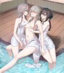  3girls absurdres bianhuashidapiaoliang blue_eyes breasts chinese_commentary cleavage commentary_request fff_threesome grin group_sex herta_(honkai:_star_rail) highres honkai:_star_rail honkai_(series) imminent_fingering medium_breasts multiple_girls naked_towel navel nipple_indents nipple_stimulation nipple_tweak nipples nude one_eye_closed onsen parted_lips purple_eyes ruan_mei_(honkai:_star_rail) saliva saliva_trail sitting smile soaking_feet stelle_(honkai:_star_rail) threesome tongue tongue_out towel trailblazer_(honkai:_star_rail) water yellow_eyes yuri 