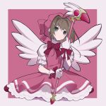  1girl antenna_hair border bow brown_hair cardcaptor_sakura commentary_request dress fuuin_no_tsue gloves green_eyes hat highres holding holding_staff kinomoto_sakura kinomoto_sakura_(magician) looking_at_viewer magical_girl mikoshiba_megu parted_lips pink_dress pink_hat red_bow solo staff white_border white_gloves white_wings wings wrist_bow 