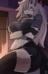 1girl absurdres animal_ears animal_nose body_fur breasts collar colored_sclera commentary english_commentary furry furry_female grey_fur grey_hair hellaverse helluva_boss highres large_breasts long_hair looking_at_viewer loona_(helluva_boss) red_sclera sk3tchk4t snout solo spiked_collar spikes tail thighhighs two-tone_fur white_eyes white_fur wolf_ears wolf_girl wolf_tail 
