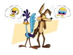 4:3 anthro avian bird blush canid canine canis covering covering_mouth coyote cuculiform duo emoji feral hand_holding hi_res looney_tunes male male/male mammal new_world_ground_cuckoo o_como_sea road_runner_(looney_tunes) roadrunner rubbing_hands thought_bubble warner_brothers wile_e._coyote