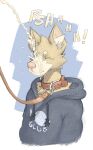 anthro bodily_fluids bruno_(tuskito) canid canine canis cheek_tuft clothing collar domestic_dog eyes_closed facial_tuft fur genital_fluids hi_res hoodie inner_ear_fluff leash leashed_collar male mammal pink_nose solo topwear tuft tuskito urine urine_on_face urine_splash urine_stream watersports yellow_body yellow_fur