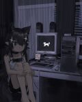  1girl absurdres animal_ear_fluff animal_ears bare_arms bare_shoulders barefoot black_choker black_hair cat chemise choker computer crt dark_room expressionless fufyminami highres knees_up long_hair looking_at_viewer nia_(nophenia) nophenia pointy_ears sitting sleeveless solo sparkle_hair_ornament tail white_cat wolf_ears wolf_girl wolf_tail 