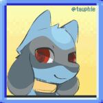 1:1 2026 animated animated_gif anthro artist_name biped black_body black_fur blue_body blue_border blue_fur border canid digital_media_(artwork) fangs fur generation_4_pokemon loop mammal nintendo open_mouth pixelated_background pokemon pokemon_(species) red_eyes riolu short_playtime smile solo spinning tauphie teeth text