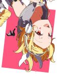  1girl ankaketomato bare_shoulders blood blood_on_face colored_blood demon_wings detached_wings eyelashes fangs foreshortening grey_leg_warmers grey_sailor_collar highres kagamine_rin kagamine_rin_(nt) leg_warmers looking_at_viewer open_mouth pink_blood ponytail red_eyes sailor_collar sailor_jacket see-through_sleeve_layer short_hair short_ponytail solo swept_bangs upside-down vocaloid wing-shaped_bow wings z_hair_ornament 