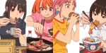  aonori_misuji black_hair black_shirt bowl burger chopsticks collared_shirt commentary_request eating food half-closed_eyes highres holding holding_bowl holding_chopsticks holding_food holding_with_chopsticks long_sleeves looking_at_food looking_down meat noodles open_mouth orange_eyes original pink_hair pink_shirt shirt short_sleeves shrimp shrimp_tempura smile soba soy_sauce soy_sauce_bottle sukiyaki tempura tendon_(food) tongue tongue_out translation_request white_shirt wide-eyed yellow_shirt 