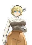  1girl absurdres aigis_(persona) alfdavinchi artist_name blonde_hair blue_eyes blush breasts cleavage_cutout clothing_cutout commentary english_commentary highres large_breasts long_sleeves looking_at_viewer looking_down persona persona_3 signature simple_background skirt solo sweater turtleneck turtleneck_sweater white_background white_sweater 