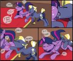 6:5 absurd_res animal_genitalia animal_penis bed blonde_hair blue_eyes comic cunnilingus cutie_mark dialogue duo english_text equid equine equine_genitalia equine_penis eyes_closed female feral friendship_is_magic furniture genitals hair hand_on_butt hasbro hi_res horn horse looking_pleasured male male/female mammal my_little_pony mythological_creature mythological_equine mythology open_mouth oral penis pony purple_body purple_eyes purple_hair sex star_tracker_(mlp) text twilight_sparkle_(mlp) vaginal veesocks vulva winged_unicorn wings