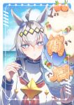  1girl absurdres agnes_digital_(umamusume) ahoge animal_ears blue_eyes bowl carat_(umamusume) carrot character_cookie condensed_milk cookie dia_(7dia_kmrhntr) drooling el_condor_pasa_(umamusume) food glutton highres holding holding_bowl holding_spoon horse_ears horse_girl long_hair looking_at_food ocean oguri_cap_(starlight_beat)_(umamusume) oguri_cap_(umamusume) outdoors oversized_food oversized_object sailor_collar school_uniform shaved_ice signature solo spoon umamusume watermark white_hair 