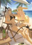  2girls absurdres alternate_costume artist_name bare_shoulders barefoot beach bikini black_bikini black_horns black_tail blonde_hair blurry blurry_background bottle breasts cleavage closed_mouth collarbone commentary curled_horns day demon_tail drinking grey_hair hat highres holding holding_bottle horns large_breasts long_hair mole mole_under_eye multiple_girls navel neid_art outdoors phoebe_(wuthering_waves) purple_eyes red_eyes sarong side-tie_bikini_bottom smile stomach sun_hat swimsuit tail thighs toned toned_female white_bikini white_sarong wuthering_waves zani_(wuthering_waves) 