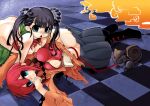  2girls ass baggy_pants black_boots black_hair blue_eyes boots breasts checkered_floor chestnut_mouth closed_mouth commentary_request crop_top hair_between_eyes long_hair looking_at_viewer lying medium_breasts monk_(sekaiju) monk_2_(sekaiju) monk_4_(sekaiju) multiple_girls nipples open_mouth pants red_hair ruha69 sekaiju_no_meikyuu sekaiju_no_meikyuu_3 small_breasts squirrel torn_clothes twintails 