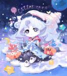  1girl artist_name bubble bug butterfly closed_mouth colored_extremities colored_skin commentary coral crab crescent dress english_commentary facial_mark gummy_(happyyu) hat hermit_crab highres holding holding_instrument holding_lyre instrument lyre musical_note nerina_(petit_planet) petit_planet planet purple_eyes shell sitting star_(sky) star_(symbol) white_hair white_skin 