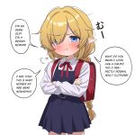  1girl :t absurdres annoyed backpack bag blonde_hair blue_dress blue_eyes blush braid braided_ponytail child closed_mouth commentary cowboy_shot crossed_arms dress english_commentary english_text hair_over_one_eye hanakaji_(yuuchanto) highres long_hair looking_at_viewer neck_ribbon original pointy_ears pout randoseru red_bag red_ribbon ribbon sailor_dress school_uniform shirt sidelocks simple_background solo speech_bubble svetlana_(hanakaji) very_long_hair white_background white_shirt 