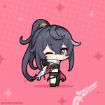  1girl absurdres black_hair blush_stickers chibi commentary_request crossed_bangs four-pointed_star gloves hair_between_eyes highres kasimira_(stella_sora) korean_commentary long_hair midriff one_eye_closed pointing pointing_at_viewer ponytail red_background red_eyes simorene simple_background solo stella_sora 