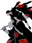  akatsuki_(naruto) bad_id bad_pixiv_id bandages black_hair coat forehead_protector grin hoshigaki_kisame jacket jacket_removed jewelry long_hair male_focus multiple_boys naruto naruto_(series) necklace over_shoulder red_eyes saitooo samehada_(naruto) sharp_teeth simple_background smile sword teeth uchiha_itachi weapon weapon_over_shoulder white_background 