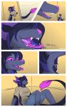 absurd_res anthro arm_feathers auto_vore avali black_body black_feathers black_fur bottomwear clothing comic duo english_text extreme_size_difference feathers female fur grey_body grey_fur hi_res highlights_(coloring) larger_female luma_(lumathefloof) macro ollie_sketchess onomatopoeia purple_eyes purple_feather_tips shirt shorts size_difference slim sound_effects still_life_(the_backrooms) swallowing tail text the_backrooms topwear vore