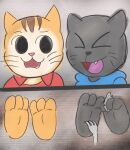 3_toes anthro azazelbun black_body black_fur black_nose blue_clothing blue_topwear clothing domestic_cat duo eyes_closed feet felid feline felis foot_fetish foot_focus fur hi_res kuehiko_roshihara laugh looking_at_another loose_feather male mammal open_mouth open_smile orange_body orange_fur pink_nose red_clothing red_topwear russian_blue smile tabby_cat tapio_chatarozawa tickle_fetish tickling tickling_feet toes topwear whiskers working_buddies!