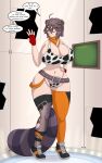 2023 5:8 after_transformation animal_humanoid animal_print artist_name belt big_breasts bikini bikini_thong breasts brown_eyes brown_hair canid canid_humanoid canine canine_humanoid clothed clothed_female clothed_humanoid clothing colored cow_print curvy_figure dialogue digital_drawing_(artwork) digital_media_(artwork) dressing english_text female female_humanoid fingerless_gloves footwear front_view gloves hair handwear hi_res hourglass_figure huge_breasts huge_hips humanoid inside kerchief legwear looking_at_self mammal mammal_humanoid navel orange_kerchief red_clothing red_gloves red_handwear runningtoaster screen shoes solo speech_bubble standing swimwear tail tanuki_humanoid text two-piece_swimsuit underwear wide_hips year