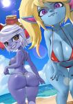 absurd_res beach big_butt bikini bikini_thong biped blonde_hair blue_body breasts butt clothing detailed_background female hair hi_res humanoid league_of_legends looking_at_viewer looking_back outside poppy_(lol) riot_games swimwear tencent thick_thighs tristana_(lol) two-piece_swimsuit yordle zweebu