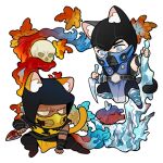  2boys a_miao animal_ears black_pants blue_eyes cat_ears cat_tail chibi chibi_only cryokinesis crystal_sword full_body holding holding_weapon ice leaf male_focus mask mortal_kombat_(series) mouth_mask multiple_boys no_pupils pants scorpion_(mortal_kombat) simple_background skull sub-zero sword tail weapon white_background 