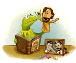 2026 amphibian anniversary anniversary_art anthro book culpeofox frank_oz frill_(anatomy) frog green_body holding_book holding_object holding_puppet jim_henson kermit_the_frog male muppet muppets photo puppet solo the_dark_crystal