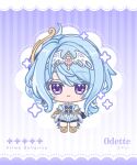  absurdres asymmetrical_gloves big_head blue_dress blue_hair brown_hair chibi chibi_only deadpan detached_collar detached_sleeves dress earrings english_text frilled_sleeves frills fur-trimmed_sleeves fur_collar fur_trim gem genshin_impact gloves gold_shoes gold_trim hair_bun high_heels highres jewelry mismatched_gloves odette_(genshin_impact) purple_background purple_eyes sachi_cfxx_g-11 shoes sparkle tutu white_dress white_fur white_sleeves 