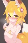  1girl ahoge animal_ear_fluff animal_ears bare_shoulders bikini blonde_hair blush breasts collarbone commentary_request flower fox_ears fox_girl fox_tail gold_bikini grey_background hair_between_eyes hair_flower hair_ornament highres kukuchi581 looking_at_viewer micro_bikini navel senko_(sewayaki_kitsune_no_senko-san) sewayaki_kitsune_no_senko-san short_hair simple_background small_breasts solo standing stomach string_bikini sweat swimsuit tail triangle_bikini_top yellow_eyes 