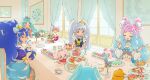  5girls animal_ears blue_bow blue_choker blue_eyes blue_gloves blue_hair blue_nails blue_theme bow brooch choker closed_eyes coffret_(precure) commentary crown cup cure_gelato cure_la_mer cure_marine cure_princess cure_sky curtains earrings eating eyelash_ornament food gloves gold_crown gradient_hair hair_ornament happinesscharge_precure! heart heart_brooch heartcatch_precure! high_ponytail highres hirogaru_sky!_precure in-franchise_crossover jewelry kirakira_precure_a_la_mode kurumi_erika kururun_(precure) laura_la_mer lion_ears long_hair looking_at_another magical_girl midriff multicolored_hair multiple_girls navel open_mouth pearl_hair_ornament pekorin_(precure) pink_hair pointed_crown ponytail precure ribbon_(precure) shirayuki_hime_(precure) skirt smile sora_harewataru sphere_hair_ornament sweets tategami_aoi tea teacup tropical-rouge!_precure twintails very_long_hair white_sleeves wing_hair_ornament wrist_cuffs yuu13 yuunagi_tsubasa yuunagi_tsubasa_(bird) 