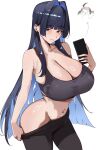  2girls absurdres alternate_breast_size_(larger) black_hair blue_eyes blue_hair blunt_ends breasts clothes_pull commentary gigi_murin hair_intakes highres hololive hololive_english long_hair looking_at_viewer meeko_illus multicolored_hair multiple_girls navel official_alternate_hairstyle ouro_kronii pants pants_pull simple_background smile untranslatable_commentary virtual_youtuber white_background 