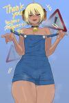  1boy ahoge blonde_hair blue_overalls bulge commentary_request commission curled_horns denim denim_overalls goat_horns highres holding horizontal_pupils horns iu15236376 male_focus naked_overalls original overall_shorts overalls rectangular_pupils short_hair sign skeb_commission solo trap warning_sign yellow_eyes 