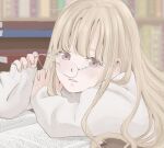  1girl adjusting_eyewear blonde_hair blush book commentary_request desk glasses long_hair looking_at_viewer nozawa_(nooo1709) on_desk original red_eyes sidelocks solo sweater very_long_hair white-framed_eyewear white_sweater 