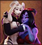 3d_(artwork) anthro asriel_dreemurr asriel_dreemurr_(god_form) big_breasts blender_(artwork) blender_cycles_(artwork) blender_eevee_next boss_monster_(undertale) bra breasts cape clothing digital_media_(artwork) duo female glowing glowing_eyes hair hand_holding hi_res jewelry jockstrap lingerie male monster muffet muscular muscular_male necklace nipples romantic romantic_couple signature smile standing tattoo undertale undertale_(series) underwear vermilionrenderworks