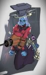  1girl absurdres anvil barefoot bebop_(deadlock) blue_hair blue_skin bound breasts clenched_hands colored_sclera colored_skin commentary deadlock_(game) dress english_commentary facial_mark forehead_mark full_body furrowed_brow gameplay_mechanics ghost grey_sclera gungaquest hand_wrapped_around_waist highres large_hands legs_folded makeup mechanical_hands medium_breasts red_shirt restrained rolling_eyes runny_makeup seeing_stars shirt single_mechanical_hand snail soles toes vindicta_(deadlock) white_eyes 
