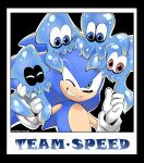  absurdres arantarisu_yamu artist_name blue_eyes blue_theme closed_eyes crossover furry furry_male gloves green_eyes highres inkling inkling_(swim_form) octoling octoling_(swim_form) outline red_eyes smile sonic_(series) sonic_the_hedgehog splatoon_(series) tentacles white_gloves white_outline 