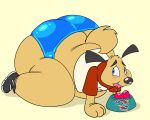 anthro big_butt blush bowl butt canid canine clothing container eating fifa glistening glistening_clothing glistening_underwear hi_res huge_butt kneeling male mammal mascot nemo overweight overweight_male pet_bowl soccer soccer_uniform sport sportswear striker_(fifa) underwear uniform