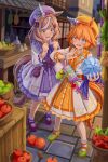  2girls absurdres animal_ears apple broken brown_hair commentary_request dress food fruit full_body hat highres holding holding_orb horse_ears horse_girl horse_tail looking_at_object market market_stall matching_outfits matikanefukukitaru_(lucky_tidings)_(umamusume) matikanefukukitaru_(umamusume) matikanetannhauser_(umamusume) medium_hair multiple_girls orange_dress orange_eyes orange_hair orange_hat orb pear purple_dress purple_hat sad sin2a+cos2a=1 standing tail umamusume yellow_eyes 
