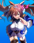  1girl absurdres aiguillette akabuchi_megane animal_ears black_thighhighs blue_bow blue_garter_straps blue_jacket blue_skirt blush bow breasts brown_hair center_frills commentary_request daiwa_scarlet_(peak_blue)_(umamusume) daiwa_scarlet_(umamusume) epaulettes fang frills garter_straps hair_intakes highres horse_ears horse_girl jacket juliet_sleeves large_breasts layered_legwear layered_skirt long_hair long_sleeves looking_at_viewer open_mouth puffy_sleeves red_eyes running shirt skirt solo sweat thighhighs tiara twintails umamusume very_long_hair white_shirt white_skirt white_thighhighs 