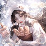  1girl ay_yiyi bear_ornament bread brown_dress brown_eyes brown_hair bubble chinese_commentary commentary_request commission cup dress earrings food highres holding holding_cup jewelry long_hair original red_lips snow solo sweater wavy_hair white_sweater winter 
