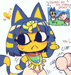 2026 3_fingers animal_crossing ankha_(animal_crossing) anthro anthro_focus black_eyes blush blush_lines blush_stickers bodily_fluids clap_(sound_effect) clapping closed_frown closed_smile clothing curled_tail dancing domestic_cat dress duo egyptian egyptian_clothing egyptian_eyeliner english_text eyeliner featureless_hands felid feline felis female female_anthro female_focus fingers flat_chested frown fur grass hair head_accessory heart_symbol human looking_away makeup male male_human mammal markings melfunnysmell motion_lines mouth_closed multiple_scenes nintendo paws plant simple_background smile smug_face snaggle_tooth solo_focus striped_body striped_fur striped_hair striped_markings striped_tail stripes sweat sweatdrop tail tail_markings text thick_thighs uraeus villager_(animal_crossing) walk_like_an_egyptian white_background white_clothing white_dress wide_hips