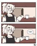 4:5 acting_like_a_cat anthro appliance clothing comic container cup detailed_background dialogue felid fridge fur hair hi_res hybrid kitchen_appliance liger male mammal nimzy pantherine red_eyes shirt solo speech_bubble stripes tank_top tobi_(nimzy) topwear white_body white_fur white_hair