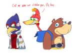 2019 ambiguous_form anthro avian backpack banjo-kazooie banjo_(banjo-kazooie) beak beak_closed beak_markings bear belt black_belt black_eyes black_nose blonde_hair blue_backpack blue_body blue_eyes blue_feathers breegull brown_body brown_fur brown_hair closed_smile clothed clothed_anthro clothed_male clothing colored cookieboy011 crossover derp_eyes digital_drawing_(artwork) digital_media_(artwork) english_description english_text eye_contact eyelashes falco_lombardi feather_hair feathers female flirting flower frowning_at_another fur green_eyes group hair humor in_backpack jacket kazooie light lighting long_neck looking_at_another male male/female male_anthro mammal markings mouth_closed multicolored_beak multicolored_body multicolored_clothing multicolored_hair multicolored_jacket multicolored_topwear nickname nintendo no_pupils open_clothing open_jacket open_topwear orange_body orange_feathers orange_hair orange_markings plant pseudo_hair rareware red_clothing red_flower red_shirt red_topwear rose_(flower) rose_in_beak shirt shirtless_anthro shirtless_male short_hair simple_background smile smiling_at_another standing star_fox super_smash_bros. super_smash_bros._ultimate talking_to_another tan_body tan_inner_ear tan_skin teeth text thin_eyebrows tooth_necklace toothed_beak topwear trio two_tone_beak two_tone_body two_tone_hair whisker_spots white_background white_clothing white_jacket white_topwear worried_look yellow_beak yellow_body